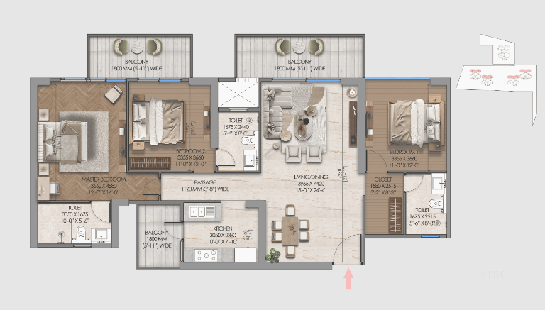 3 BHK official floor plan