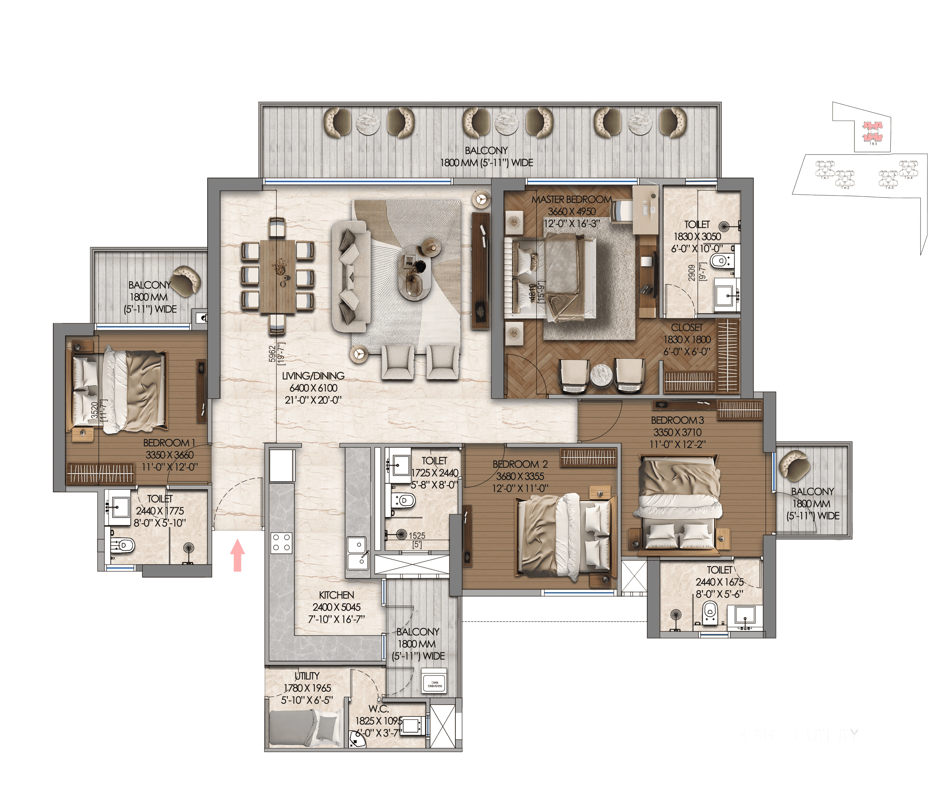 4 BHK + Utility official floor plan