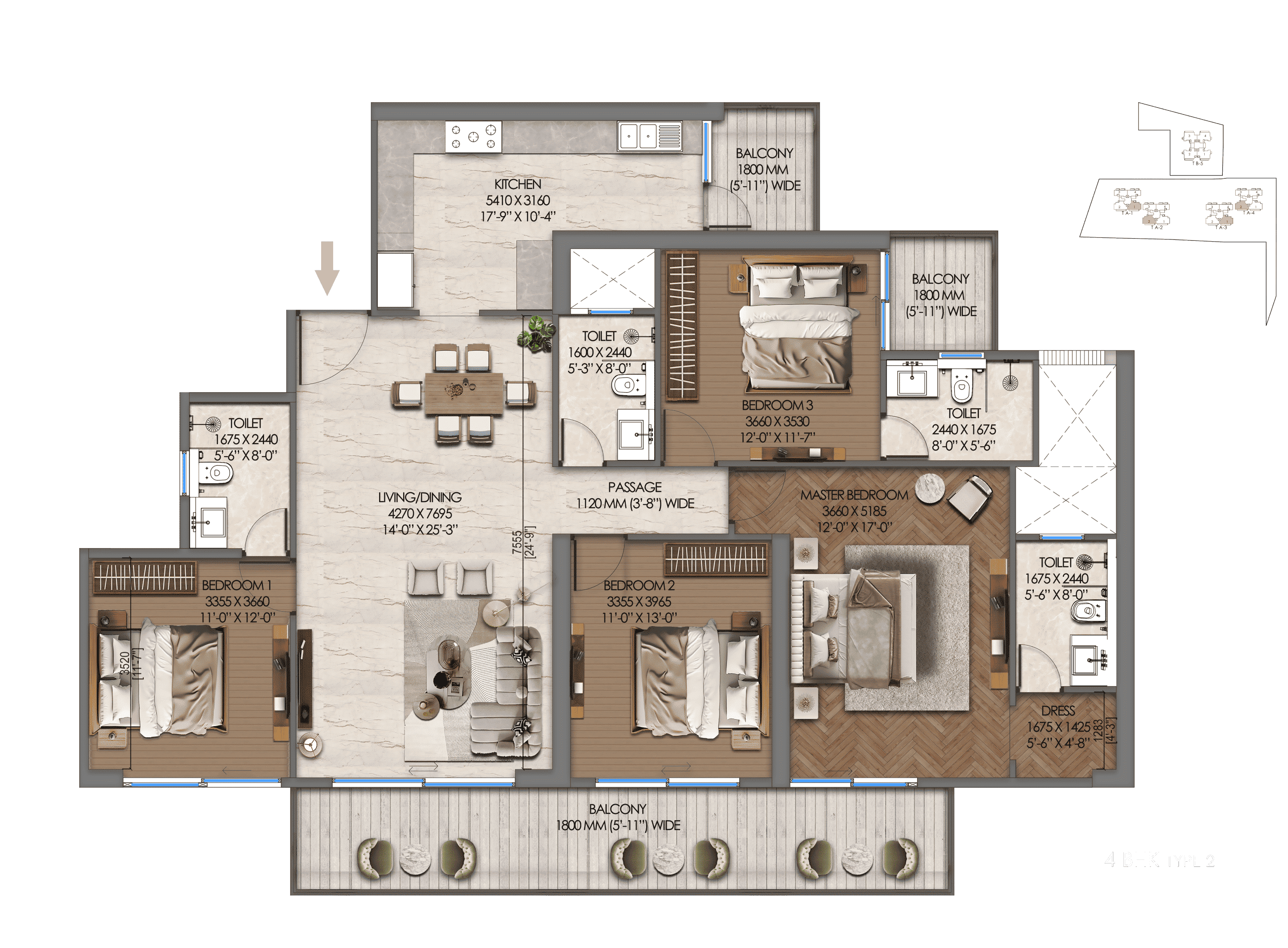 4 BHK · Type 2 official floor plan